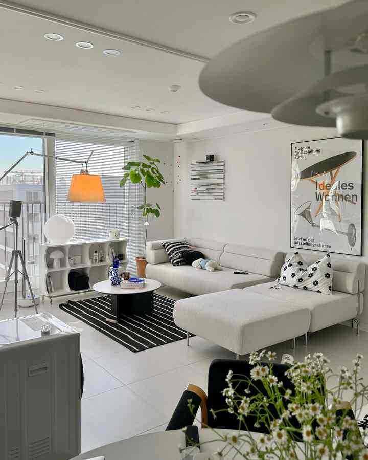 白とナチュラルな色調のリビング、モダンなソファと黒のストライプラグが配置された印象的な空間