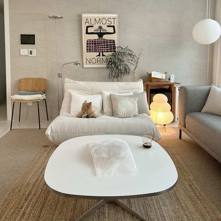 ナチュラルな色調の壁と大きな観葉植物が配置されたリビング、白いソファの中央に犬がいるシンプルで落ち着いた空間