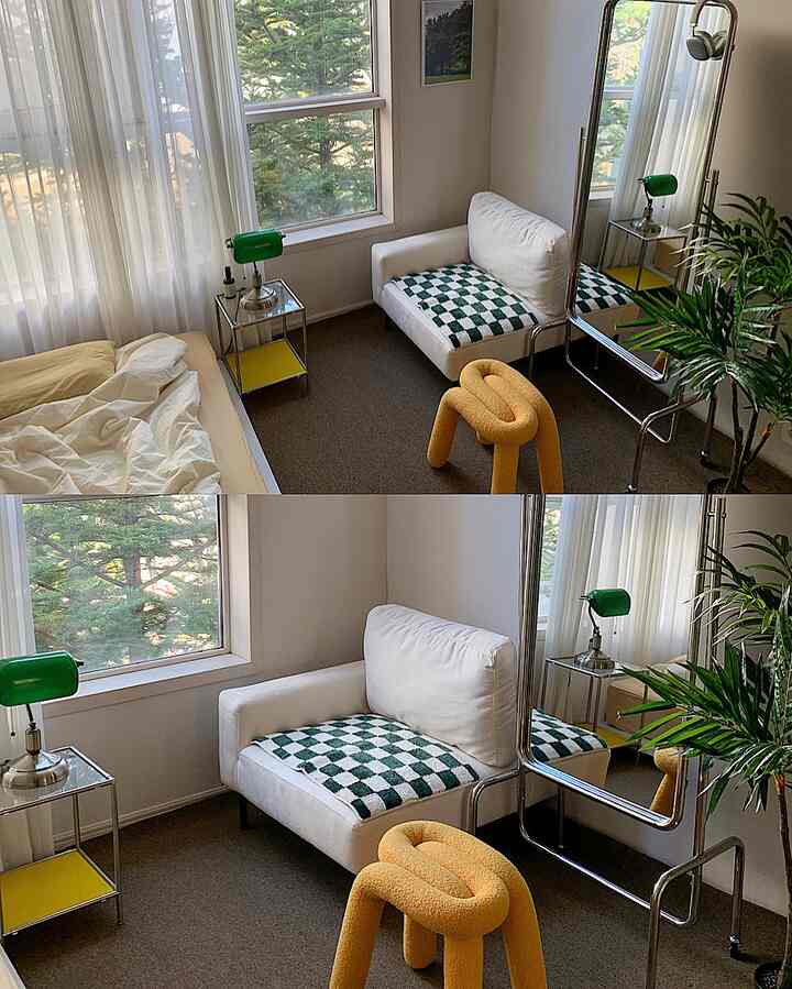 ナチュラルな色調のワンルームリビング、白いアームチェアと黄色のスツール、全身鏡が配されたミッドセンチュリーモダンスタイルの空間