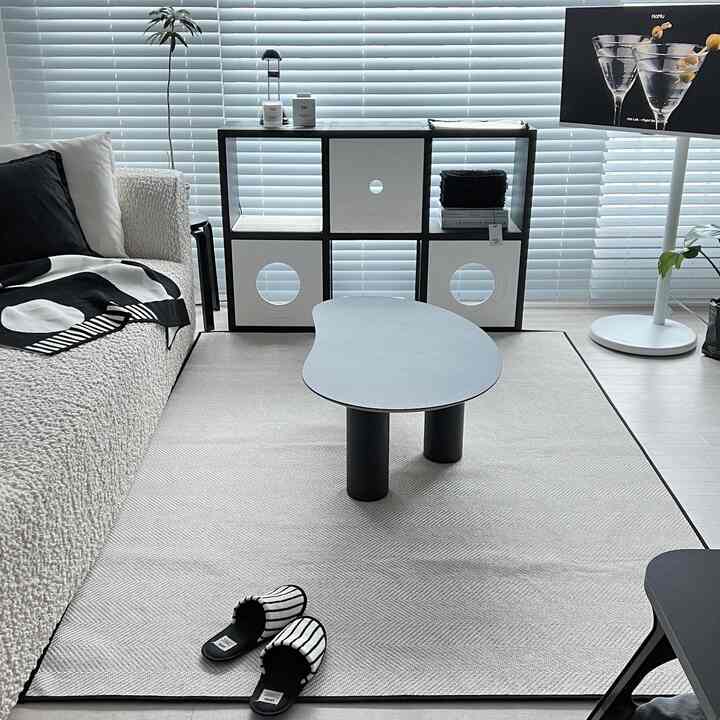 White and black toned living room featuring a cat tower and coffee table in a simple modern style space