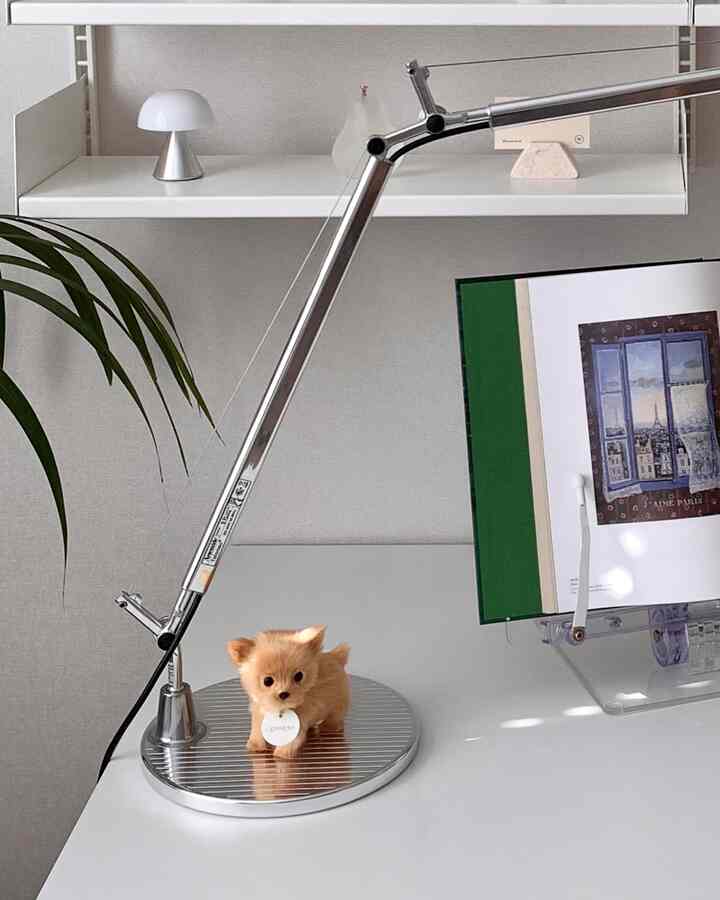 Minimal home office in white and silver tones, featuring a small dog figure and a sleek adjustable desk lamp on a tidy desk