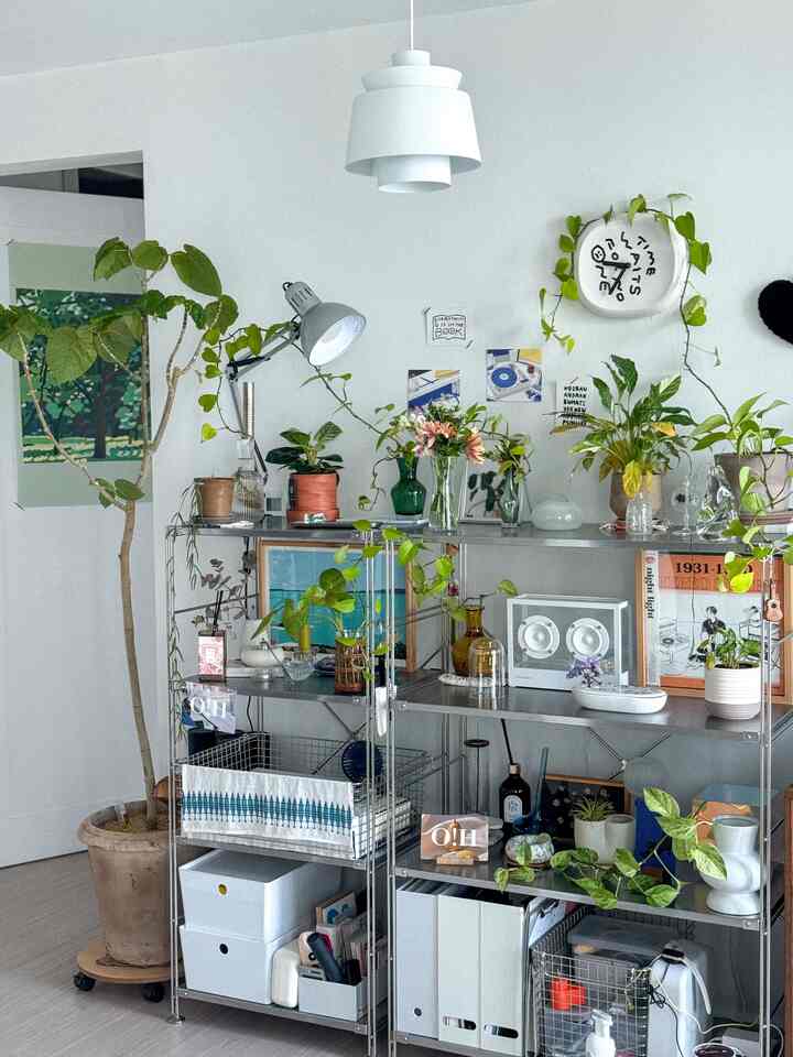 白と緑のトーンのモダンな収納空間、棚と多くの植物が配置されている