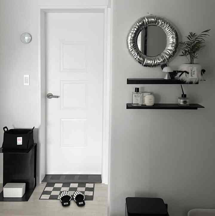 Monotone monochrome entrance space with white door, black shelves, and a silver mirror in a simple interior