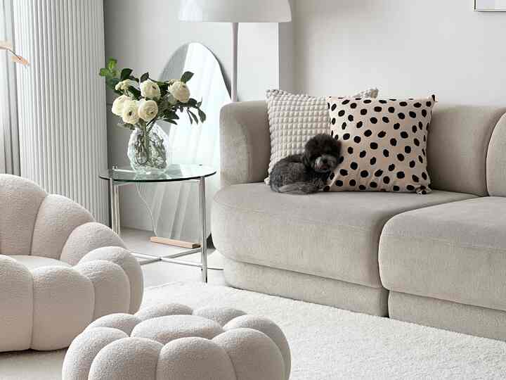A soft white and beige living room featuring comfortable sofa and armchair, with a dog resting on cushions in a modern natural setting