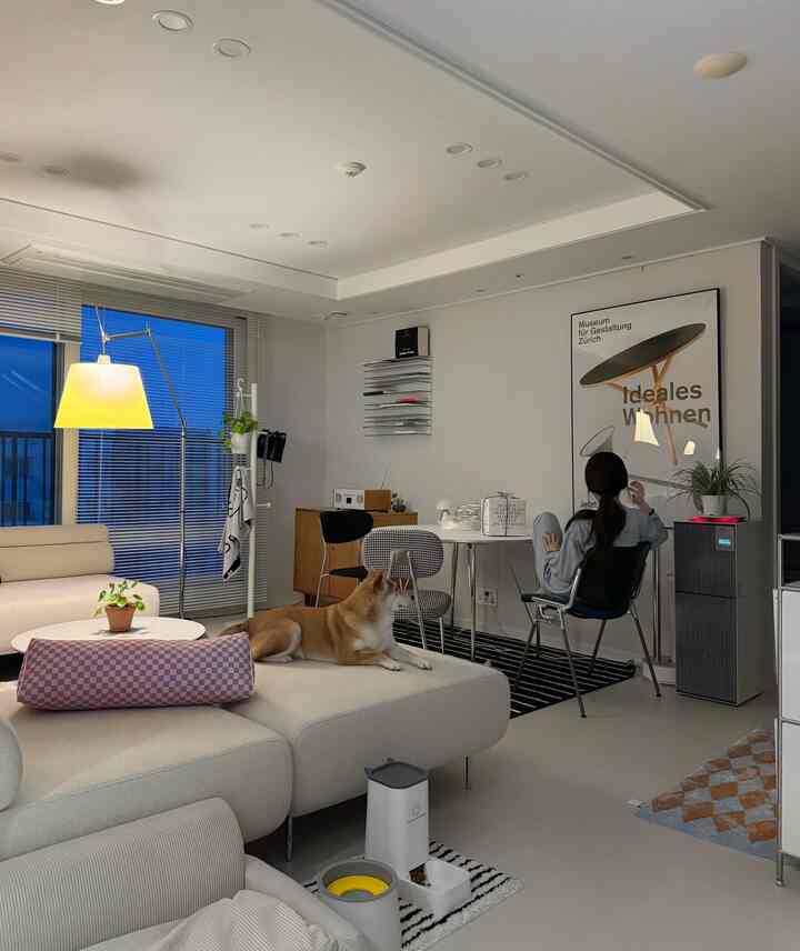 暖かい黄色の照明がある白系色のリビングルーム、ソファに犬がいて、デスクやポスターが配置された落ち着いた雰囲気のインテリア