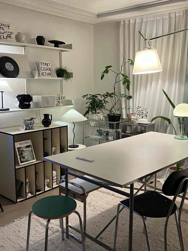 White and green-toned living room featuring mid-century modern furniture and various lighting fixtures with a cozy plant zone