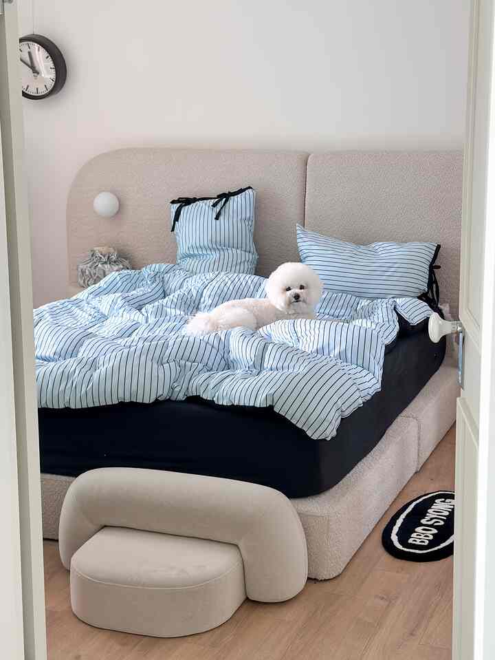 Natural color and white tone bedroom featuring a soft beige bed frame and blue striped bedding with a white dog on top, creating a simple space