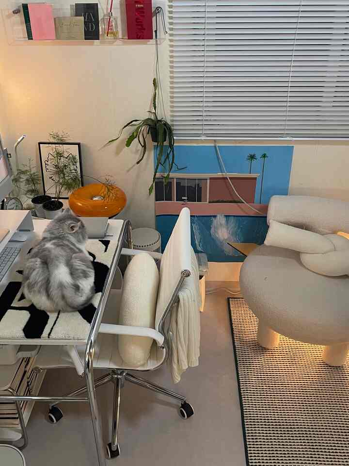 白とグレーの色調の寝室ホームオフィス、机の上の猫と居心地の良いアームチェアが配置された雰囲気のあるインテリア