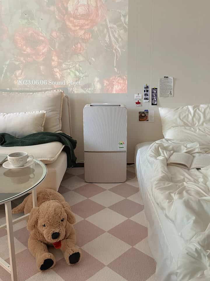 柔らかなベージュとホワイトのトーンのワンルーム、中央に除湿機、居心地の良いソファとベッドが配置された雰囲気のあるインテリア