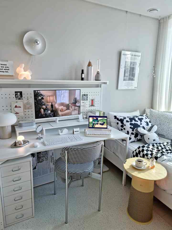 White-toned kids' room home office featuring a desk with modern clean interior design