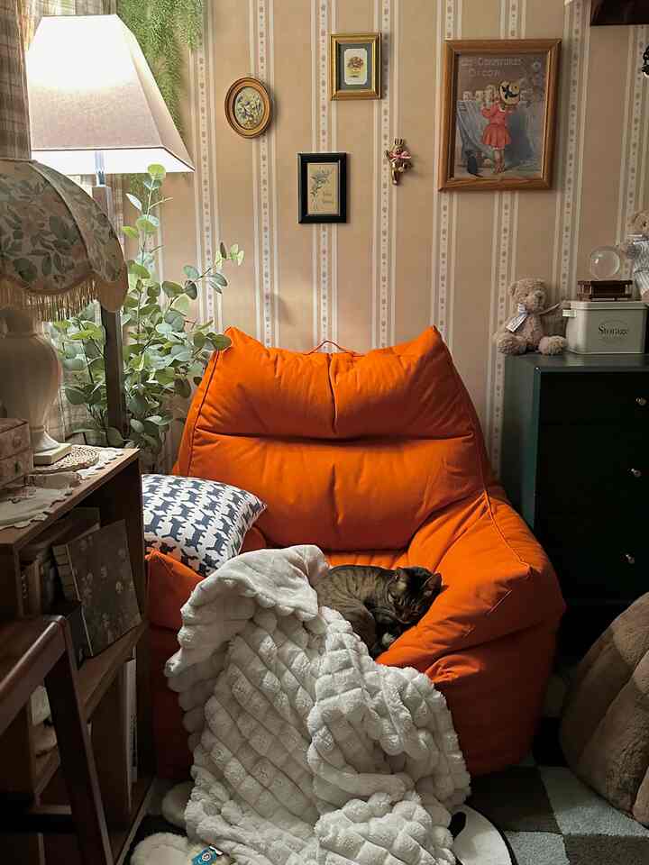 ベージュのストライプ壁紙と鮮やかなオレンジのビーズクッション、白いスローと眠る猫がある雰囲気のある寝室