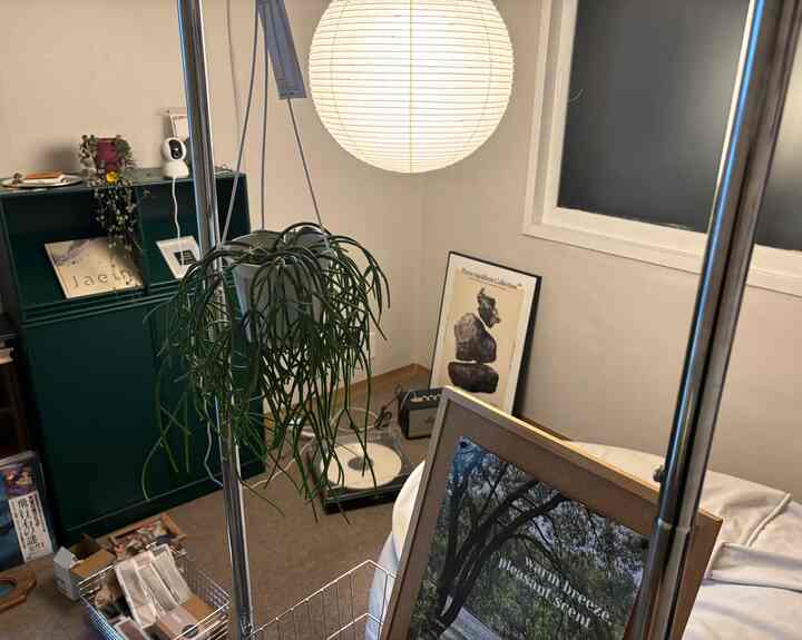 ナチュラルカラーとホワイトトーンの小さい部屋、ハンギングプラントと額縁、ペンダントライトが配置されたシンプルで自然な雰囲気のインテリア