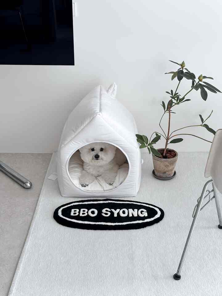 白を基調とした空間にペットハウス、整ったラグと観葉植物が配置されたシンプルなペット向けインテリア