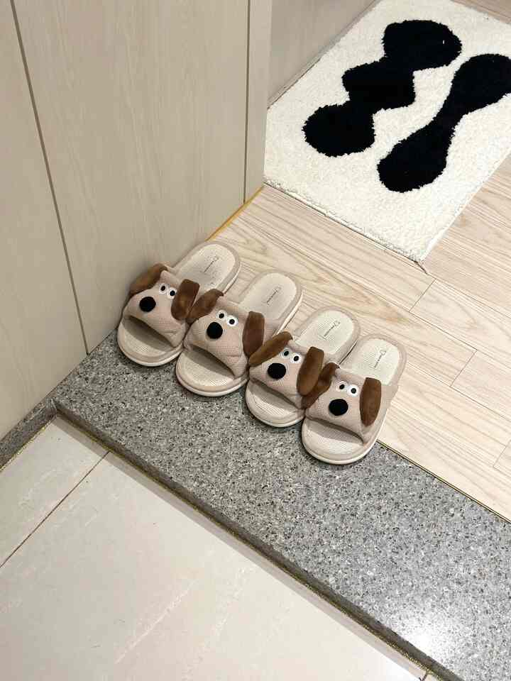 ブラウンの犬デザイン室内スリッパとモノトーンのバスマットが置かれた清潔な玄関の床