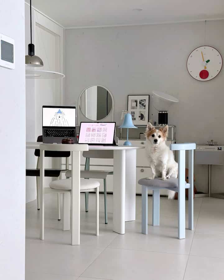 White-toned living room featuring a round dining table with various chairs, a dog seated on a chair, and digital work devices creating a modern, clean atmosphere