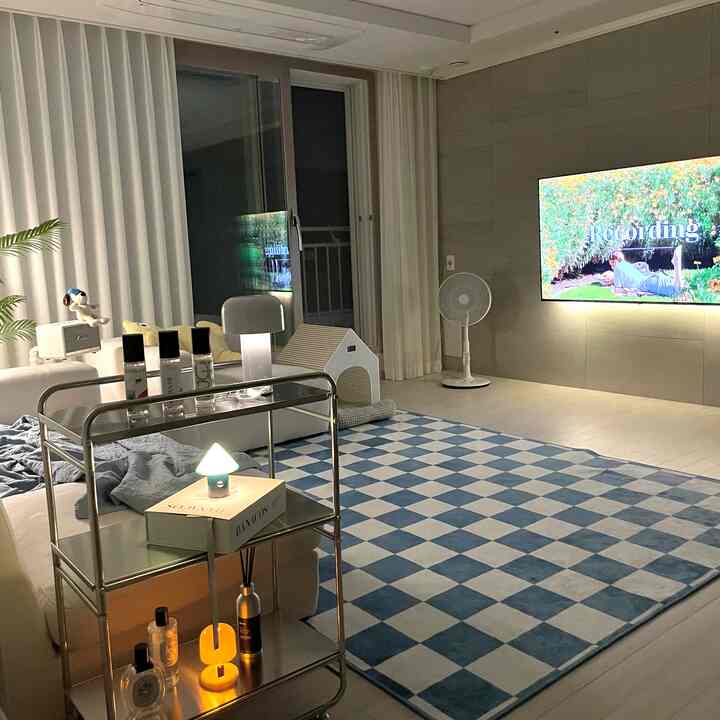 ホワイトカーテンとブルーのチェッカーボードラグが印象的なリビング、ペットハウスとモダンな家具が配置された雰囲気のあるインテリア