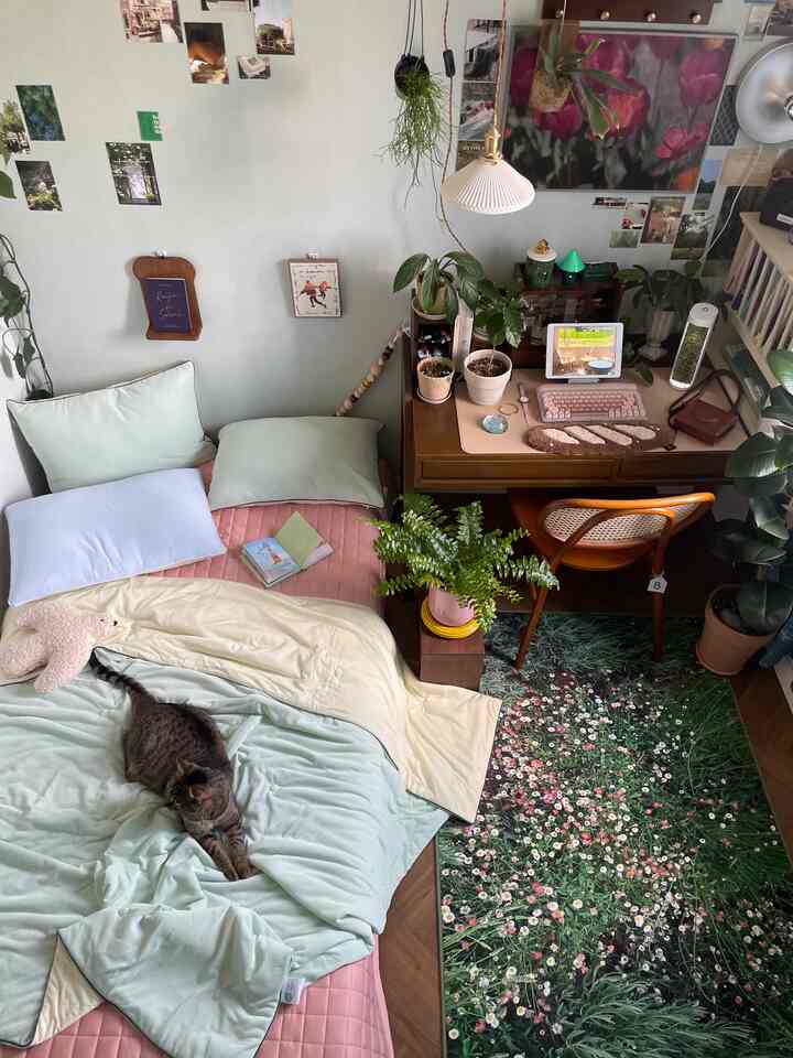 パステルミントとピンクの色調の寝室兼ホームオフィス、木製デスクと多様な植物が配置された雰囲気のあるインテリア