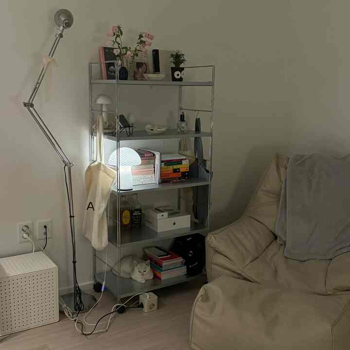 白とベージュの色調の小さなリビングルーム、ビーンバッグソファと金属製の棚の上に猫が寝ている雰囲気のあるインテリア