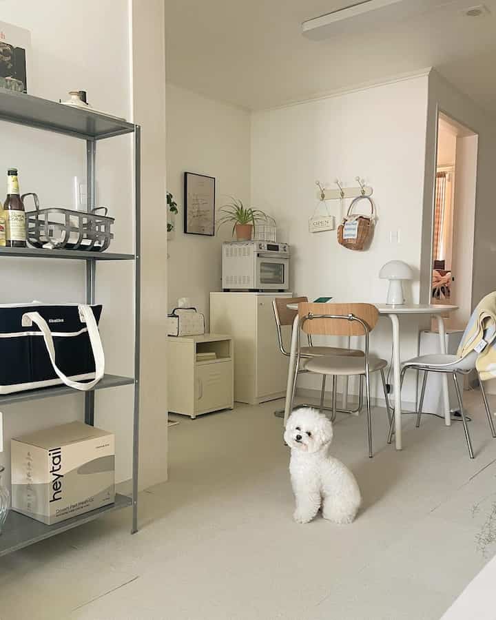 Cozy living space in bright white and beige tones featuring dining table, shelves, and a small dog with a natural and minimal atmosphere