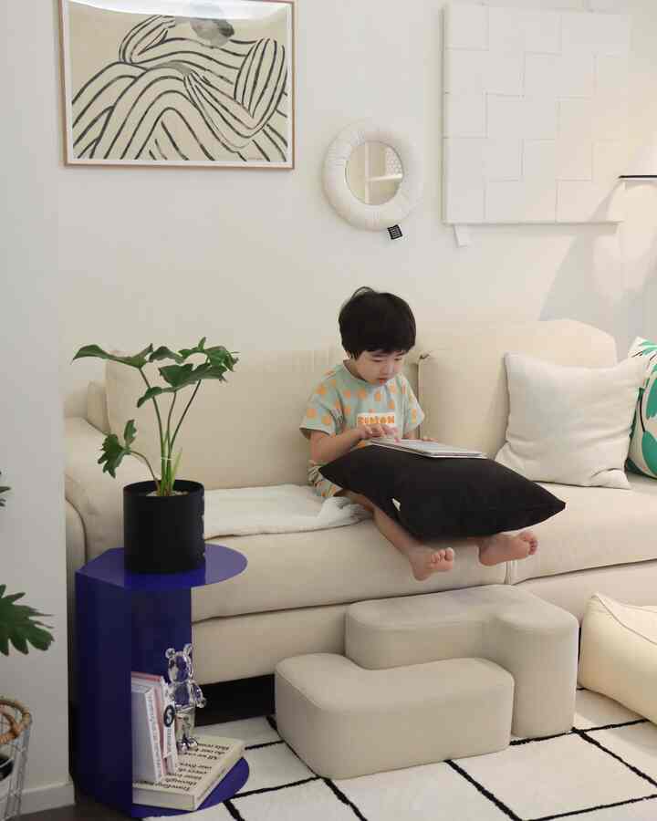 ベージュのナチュラルカラーのリビング、広いソファとペットステップがあり、子供がくつろいで読書する雰囲気のある空間