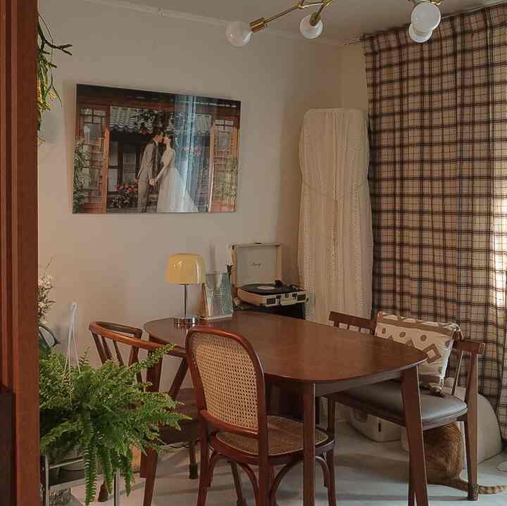 ナチュラルな木目調と植物が融合したコンパクトなダイニングルーム、シンプルで温かみのある雰囲気のインテリア