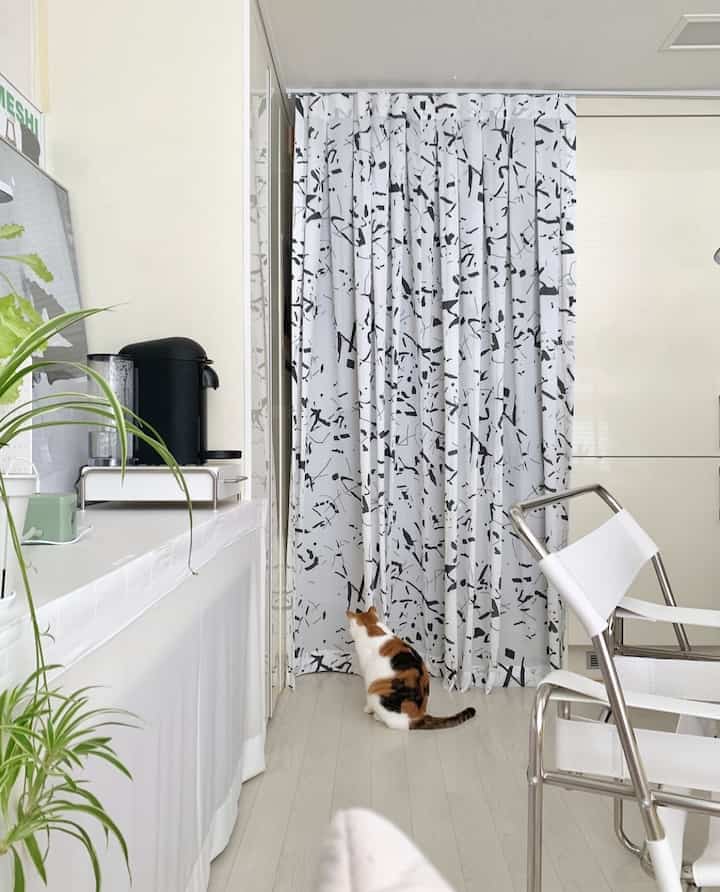 White and black patterned curtain with coffee machine and a cat in a small loft studio apartment