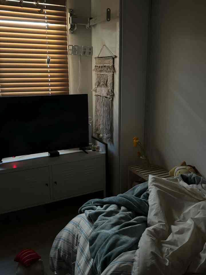 ナチュラルカラーの寝室、白いテレビ台とブラインドがあり、快適な掛け布団カバーが配置された雰囲気のあるインテリア