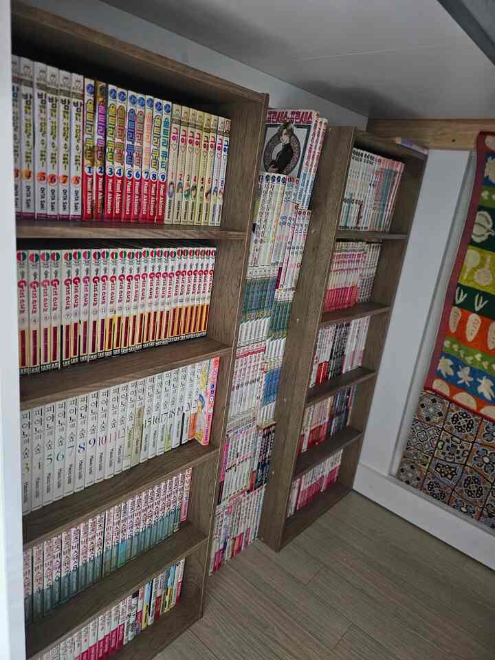 木目調の漫画本棚が配置された落ち着いた読書空間
