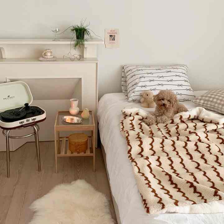 白とベージュの色調のナチュラルモダンな寝室、ベッドの上に犬と暖かいブランケットがあるシンプルな空間