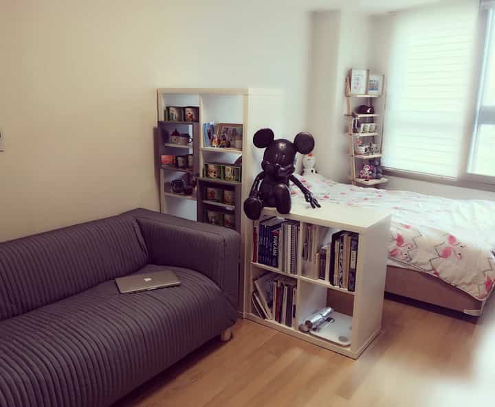 ナチュラルな色調の8坪ワンルームオフィス、グレーのソファと白い本棚が配置された清潔でコンパクトな空間