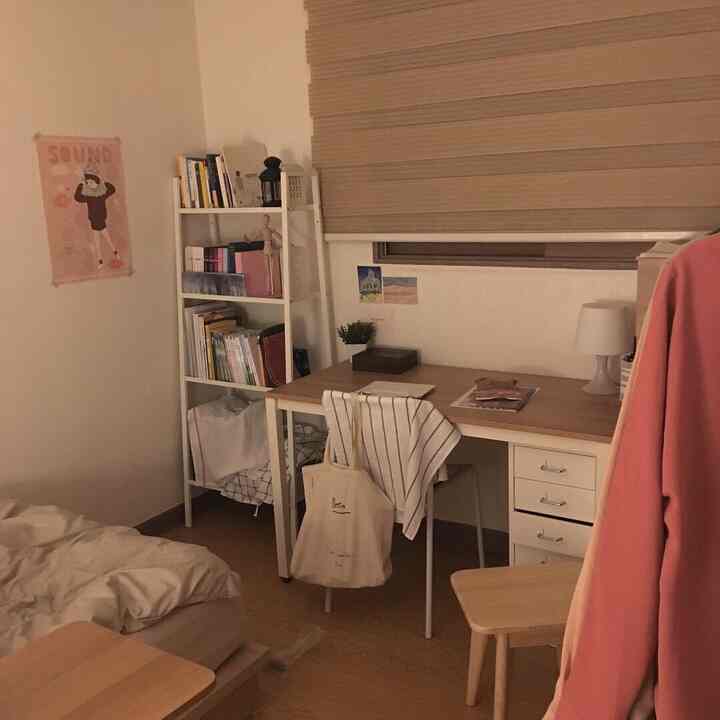 Beige and wood tone studio bedroom featuring desk and bookshelf in a cozy small room