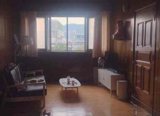 暗めの木目調の壁と床に黒いソファと白いテレビ台が配置された昭和レトロな商住併用のリビング