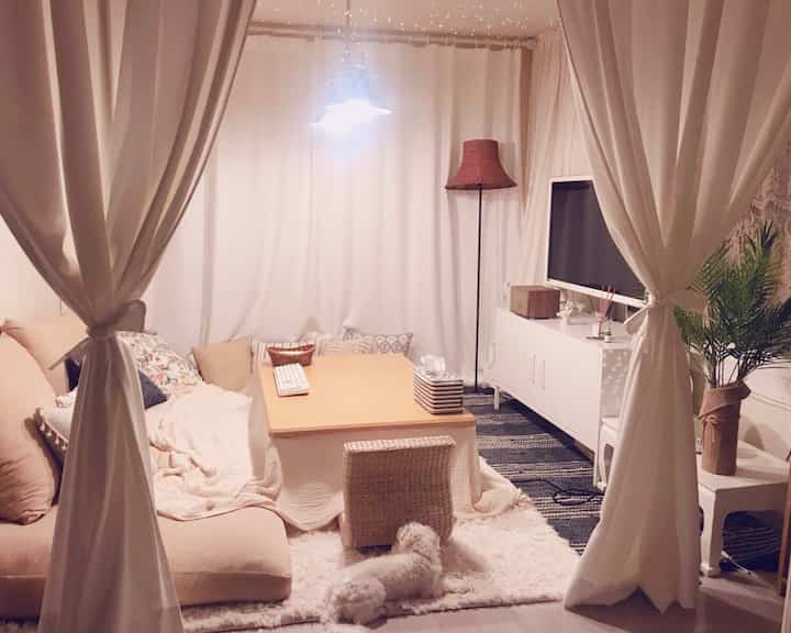 Cozy living room in soft natural tones featuring a floor seating kotatsu table, sofa, and a small dog relaxing on a fluffy rug