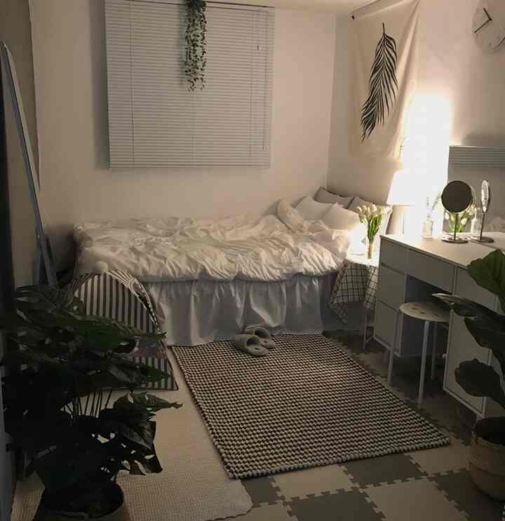 A natural-themed small bedroom in white and gray tones featuring a central bed and rug with plants