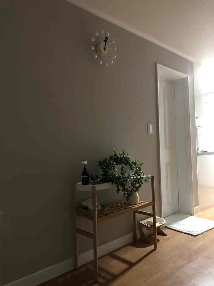 白と木目調の玄関、木製コンソールテーブルと時計、植物が配置された落ち着いた空間