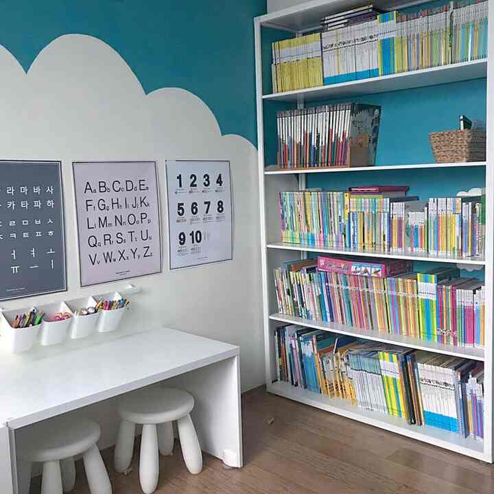White and blue toned kids' room featuring a full bookshelf and child-sized desk with stools in a neat learning space