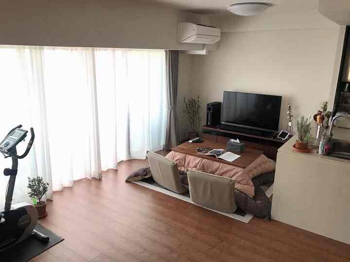Natural tones living room featuring a kotatsu table with floor chairs and plants, creating a cozy atmosphere