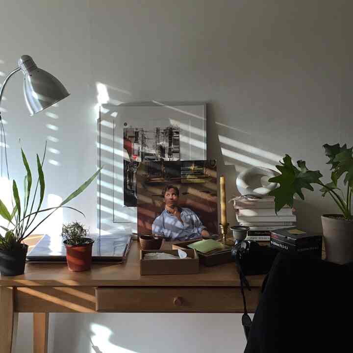 Natural tone desk in cozy home office with vintage mood and natural light streaming through blinds