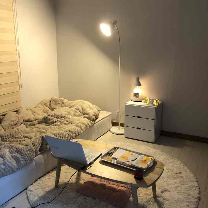 Ivory and white toned studio bedroom featuring a wood-tone table and rug with a cozy warm atmosphere
