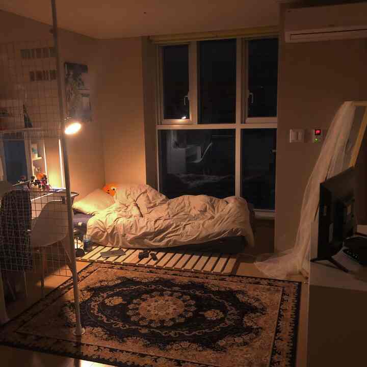Warmly lit studio bedroom featuring a wooden bed frame, Persian rug, vanity, and full-length mirror creating cozy romantic ambiance