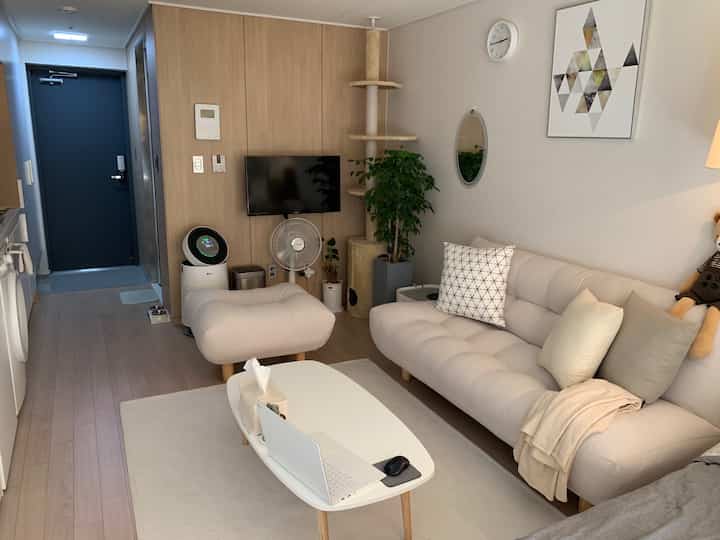 アイボリーとナチュラルウッド調のリビング、ベージュのソファとスツール、キャットタワーが配置された落ち着いた暖かみのある空間