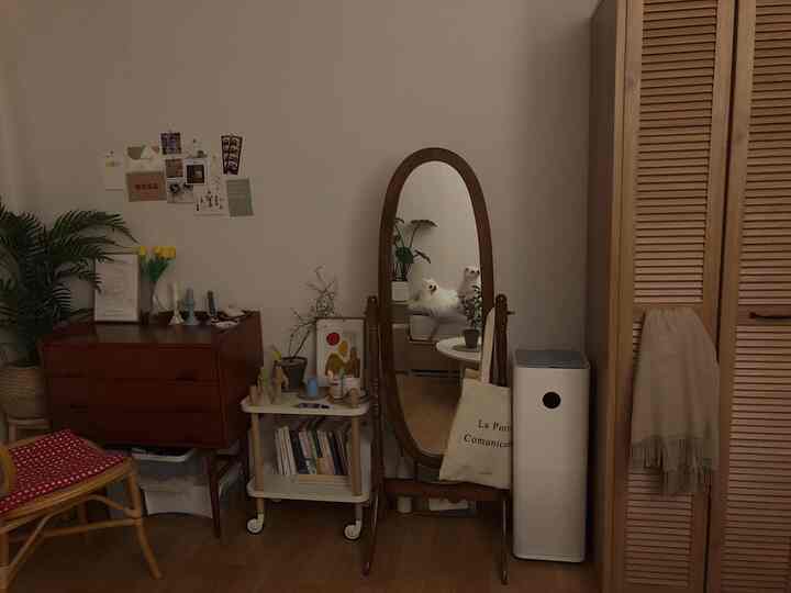 ウッドトーンとホワイトのリビングスペース、壁に装飾と全身鏡、木製家具が配置された雰囲気のあるインテリア