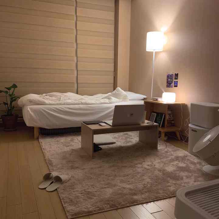 Beige and white toned studio bedroom featuring a bed, rug, floor lamp, nightstand, and plant with a cozy, clean atmosphere