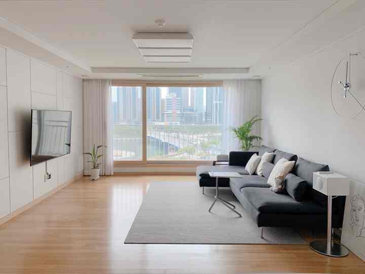 Modern living room with white walls and curtains, gray sofa and rug, and plants arranged in a cozy newlywed home
