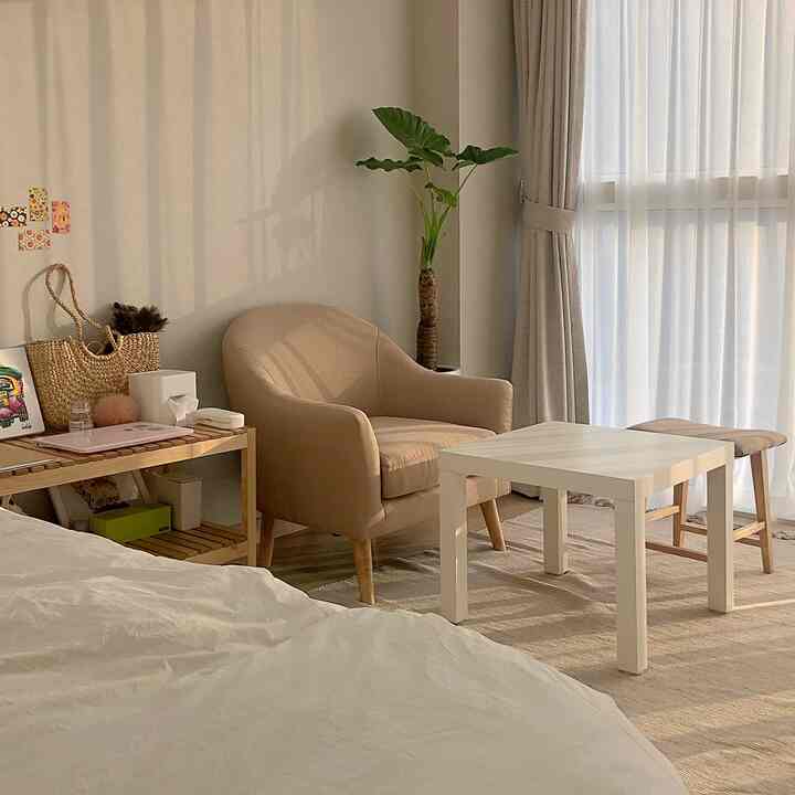 ベージュとホワイトのトーンが基調のワンルームリビング、居心地の良いソファとアロカシアの植物が配置されたシンプルでナチュラルなインテリア