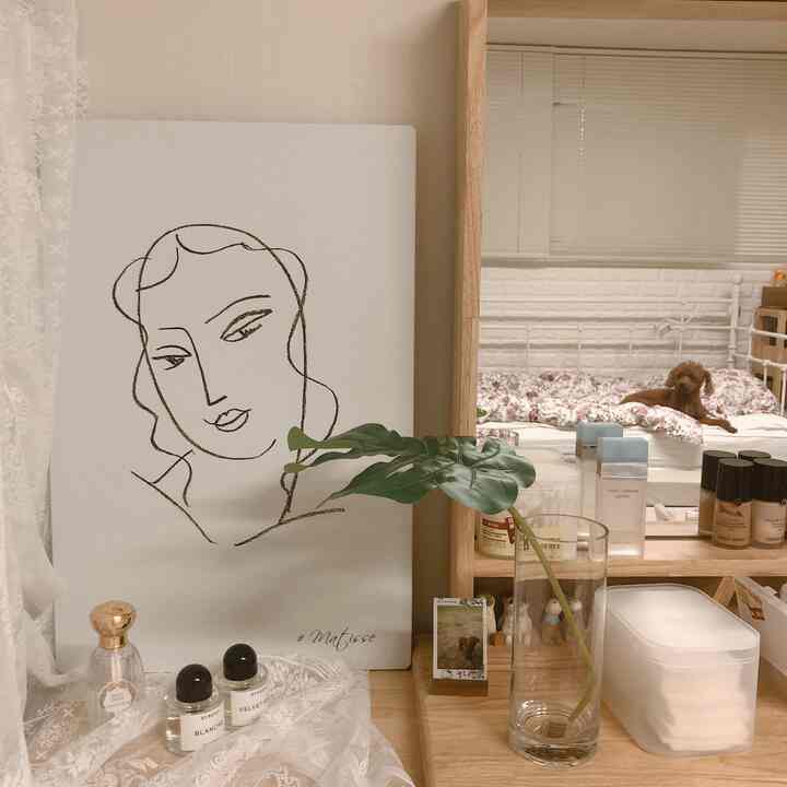 A white and wood-toned living room vanity space featuring a dog lying on the bed, creating a warm and cozy atmosphere