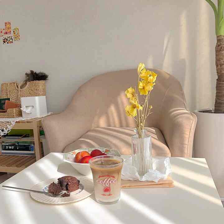 Natural beige-toned studio living room featuring cozy sofa and home cafe setup with warm sunlight