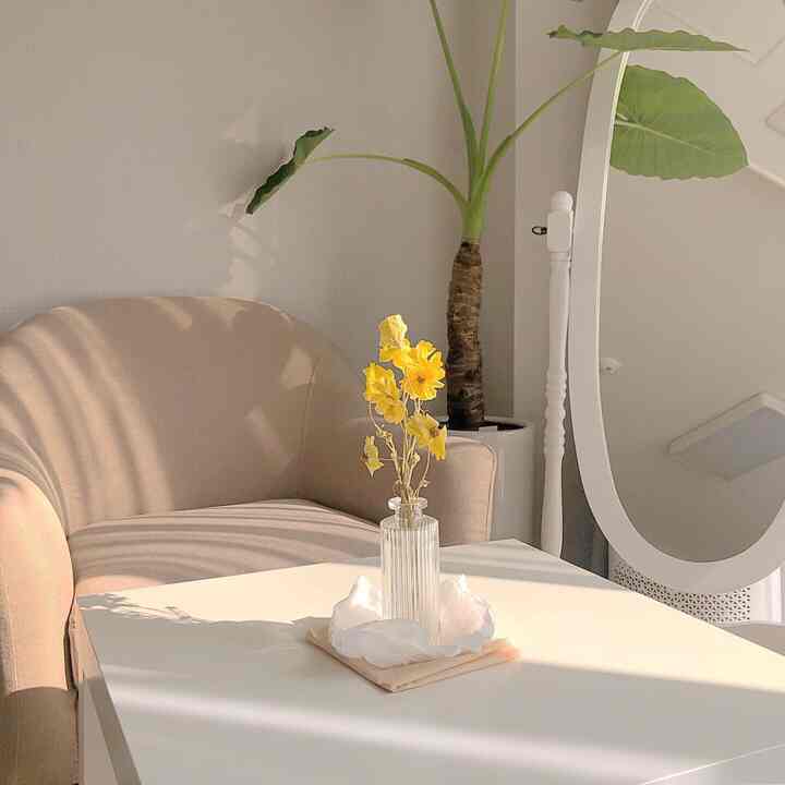 Warm beige toned living room featuring a transparent vase with yellow dried flowers and natural plant creating a cozy atmosphere