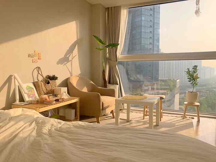 Warm beige-toned studio bedroom with curtains and plants arranged in a natural atmosphere