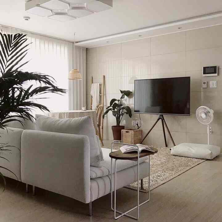 White and natural-toned living room featuring white sofa, rattan lighting, and plants creating a cozy atmosphere